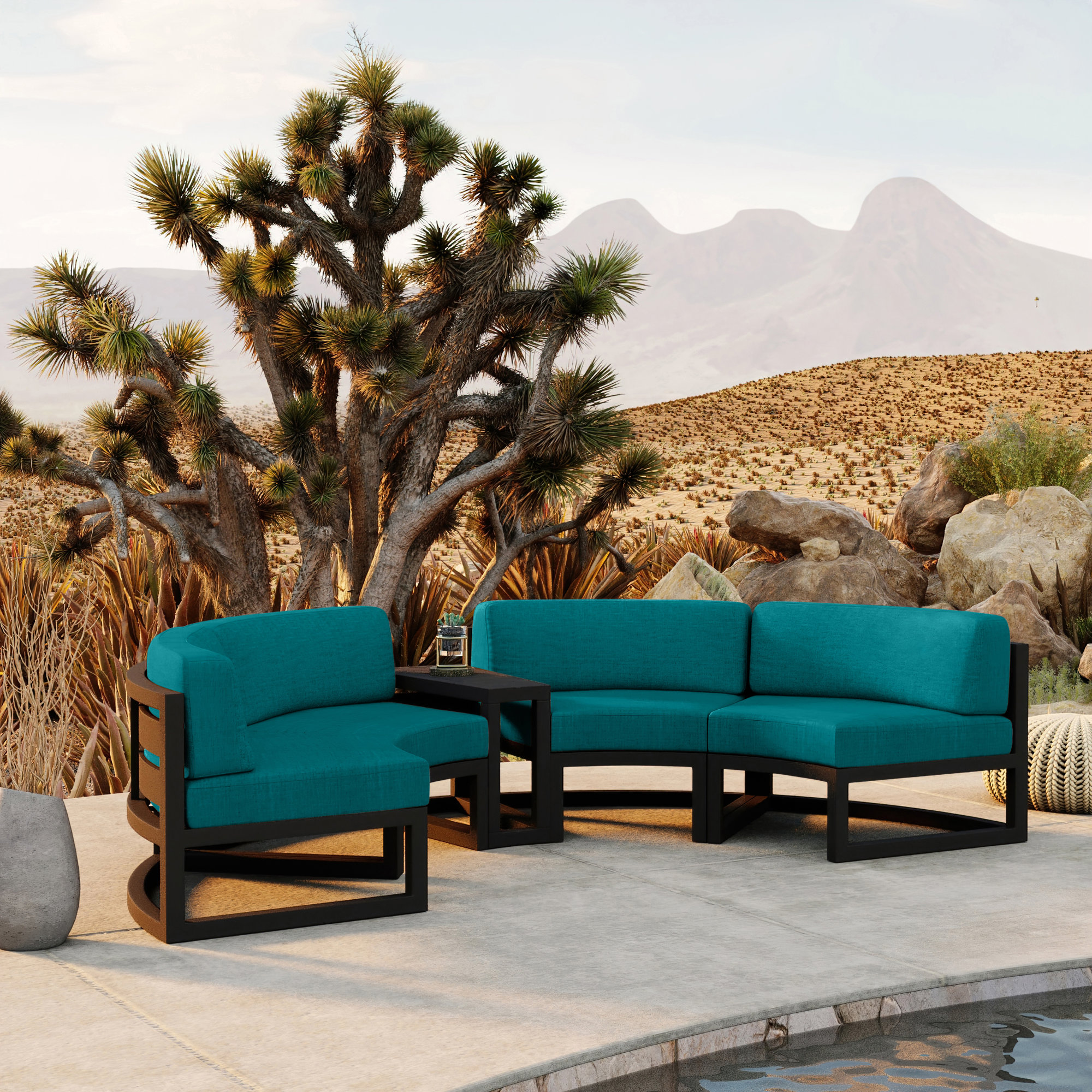 Bergeron Outdoor Curved Patio Sectional with Sunbrella Cushions, Spectrum Peacock Sunbrella® Plainweave, Black