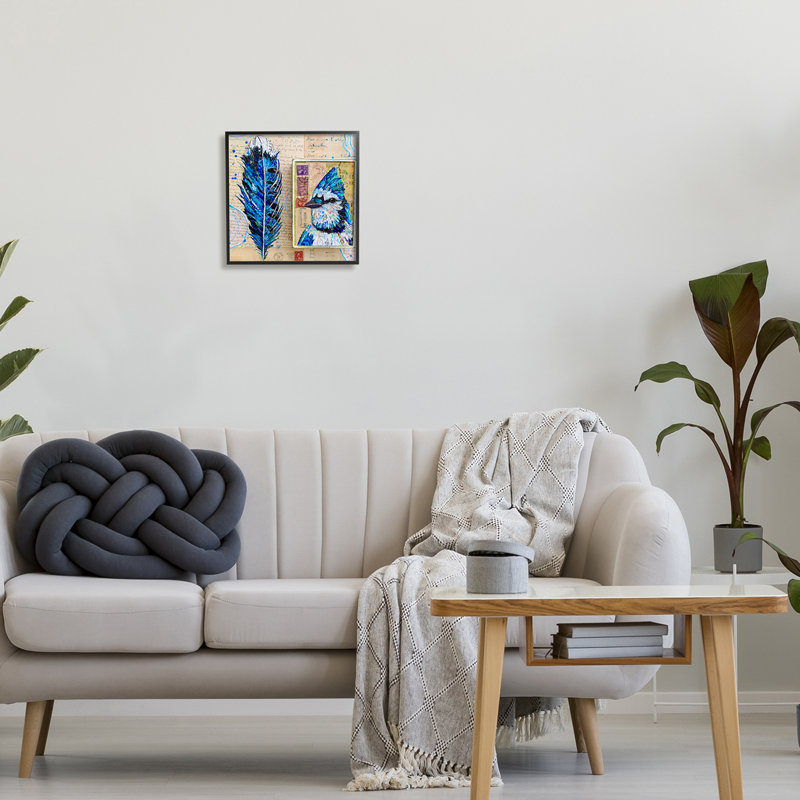 " Blue Jay Collaged Ephemera Feather Bird Painting " by Lisa Morales Painting Print, Midnight Black Framed Giclee
