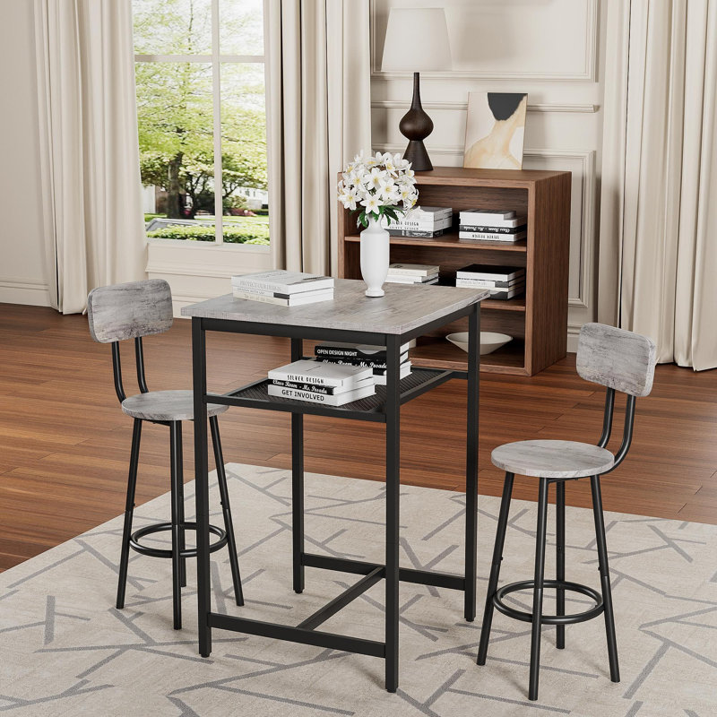 Bar Table, Equipped With 2 Bar Stools , With Backrest And Partition, Black, Black