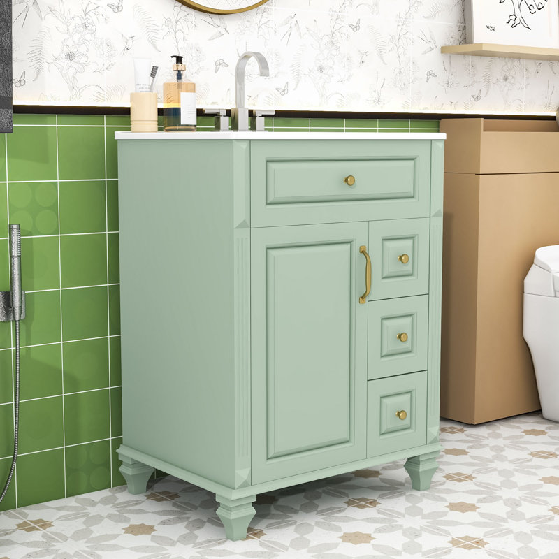 Meuble-lavabo autoportant avec lavabo en céramique, tiroir rabattable, 3 tiroirs et tablette réglable, Vert