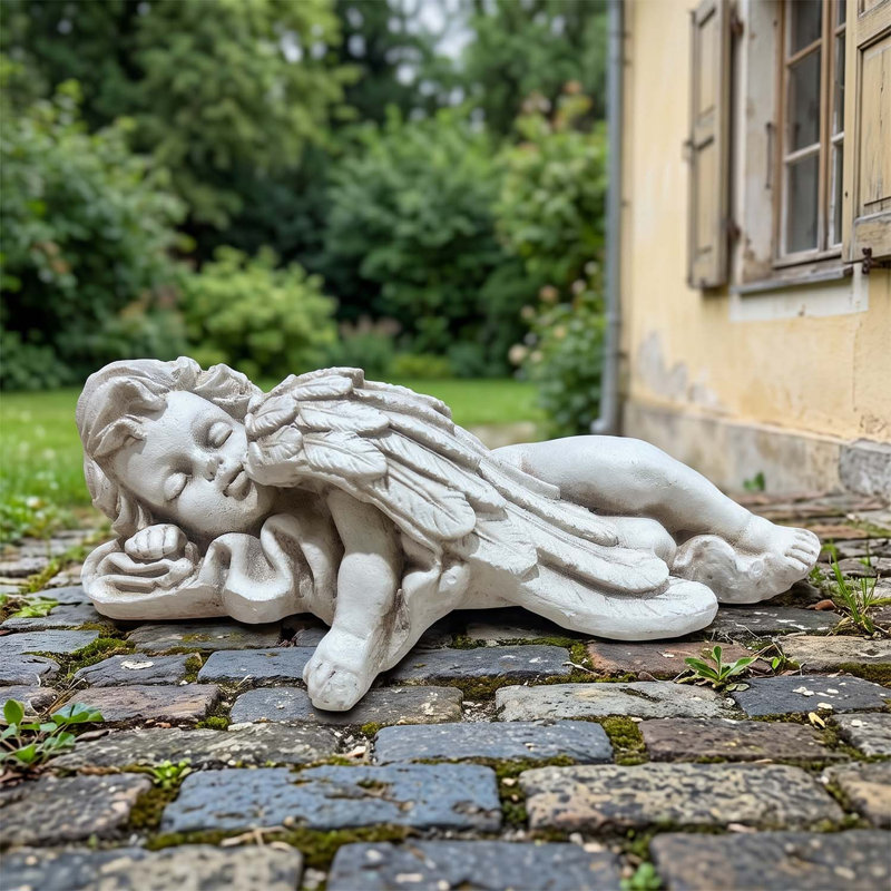 Statue ange allongée en oxyde de magnésium résistante aux intempéries pour le jardin et le patio, détail exquis et durabilité