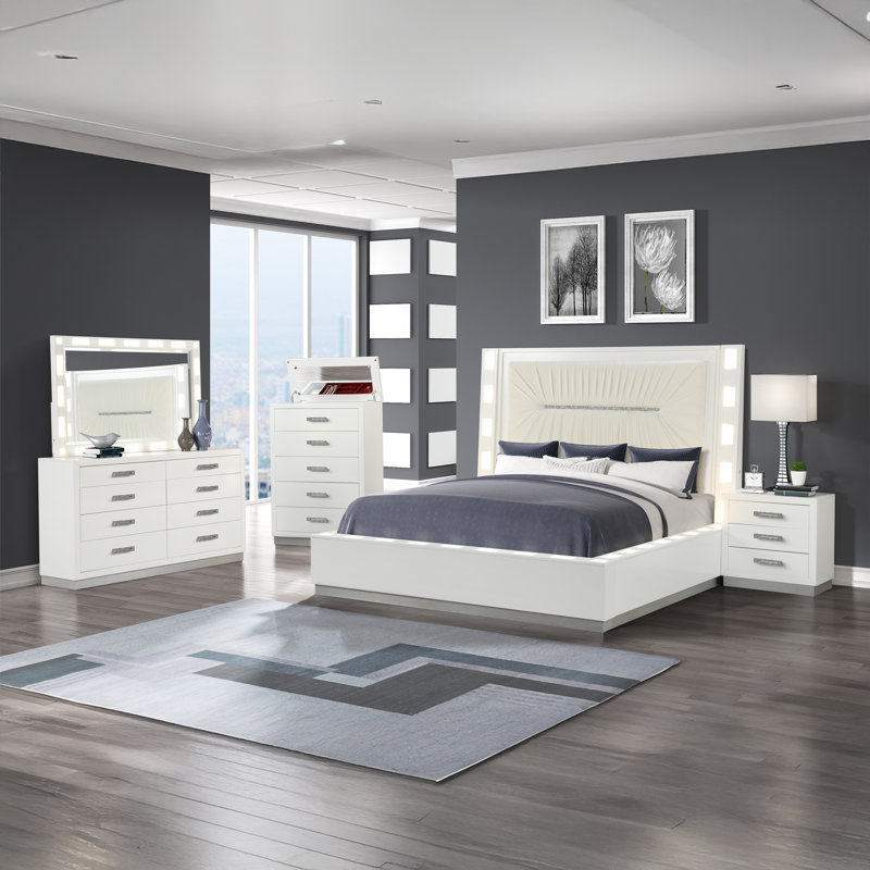 5 Piece Bedroom Set, Milky White, Queen