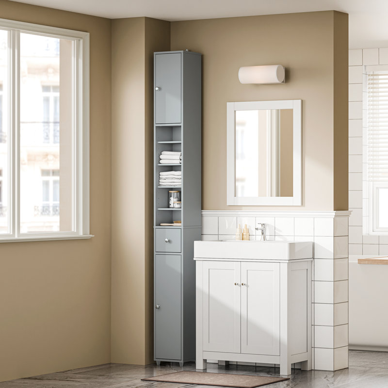 Armoire de rangement étroite pour salle de bain avec 2 portes, 1 tiroir, gris, Gris