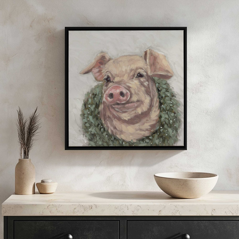 «Peanut the Pig» par Sara G. Designs, reproduction d'art, L 12 po x H 12 po, Blanc, Toile avec cadre