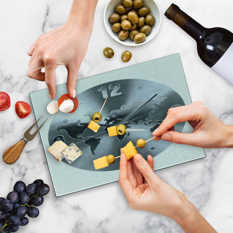 Ambesonne Grey Tempered Glass Cutting Board World Map Clock Pattern Blue Grey