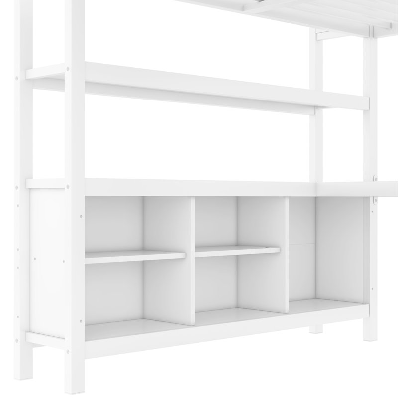 Grand lit mezzanine avec bureau et garde-robe, métal, blanc, robuste, peu encombrant, facile à assembler, fabrication solide en métal, assemblé