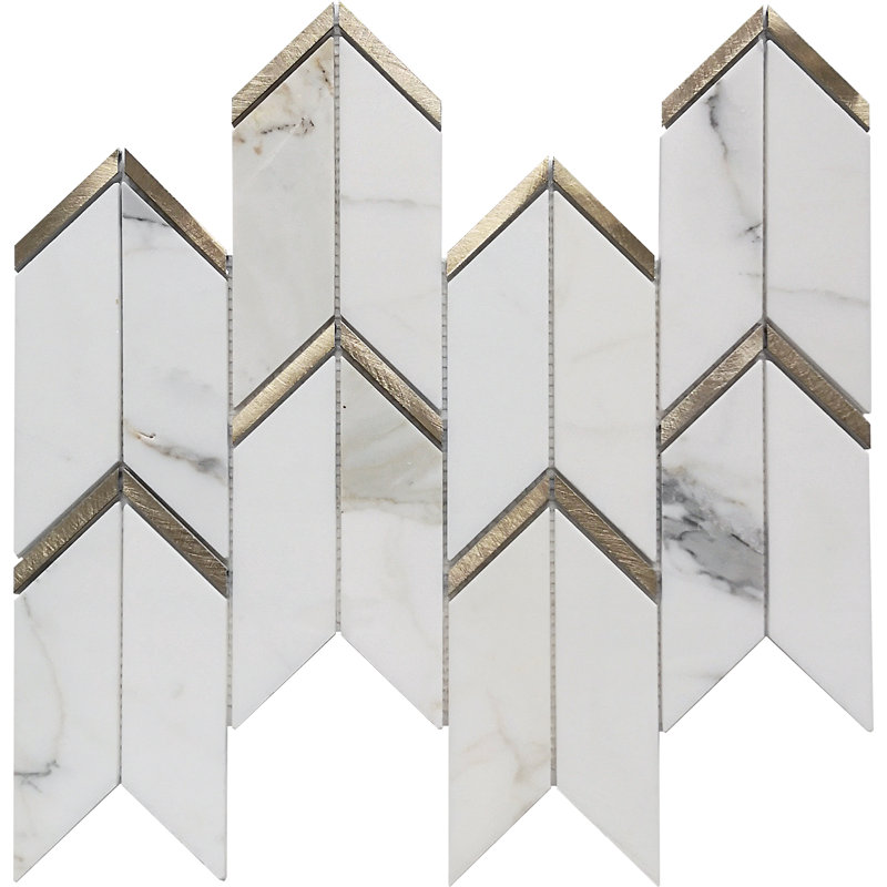 Harper 2" x 5" Herringbone/Chevron Mosaic Wall Tile, Calacatta Gold