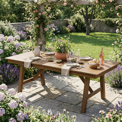 66.9" Rectangular Outdoor Dining Table for 4-6 – Heavy Duty All-Weather HDPE Patio Table with Umbrella Hole – Wood-Grain Plastic Table for Backyard, Poolside, Garden & Patio, Brown