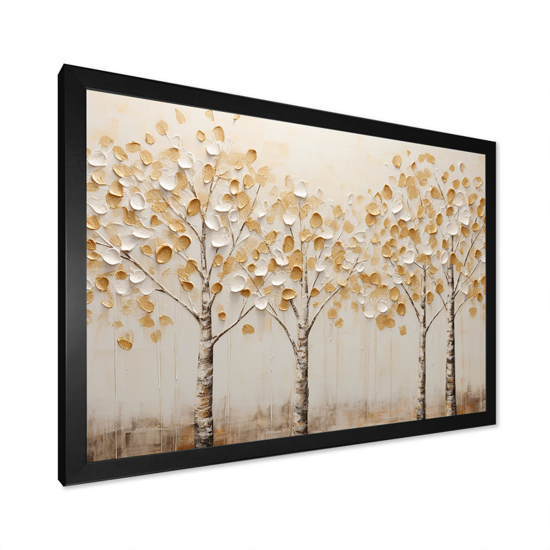 Harmonie d'arbres beiges - art mural arbres, Cadre simple noir, H 30 po x l 40 po x P 1,5 po