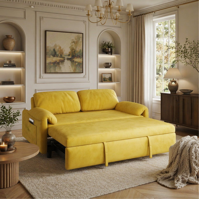 Canapé-lit à double usage en velours: le canapé jaune élégant se transforme en lit rétractable pour votre salon