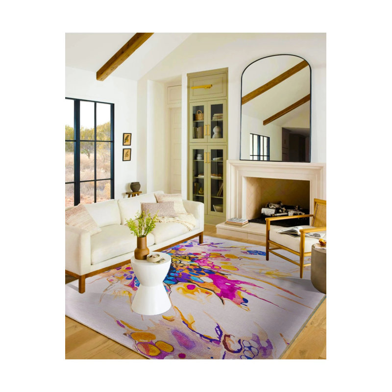 Tapis décoratif crème moderne et tapis lavable, Rectangle 5 pi 2 po x 7 pi 7 po