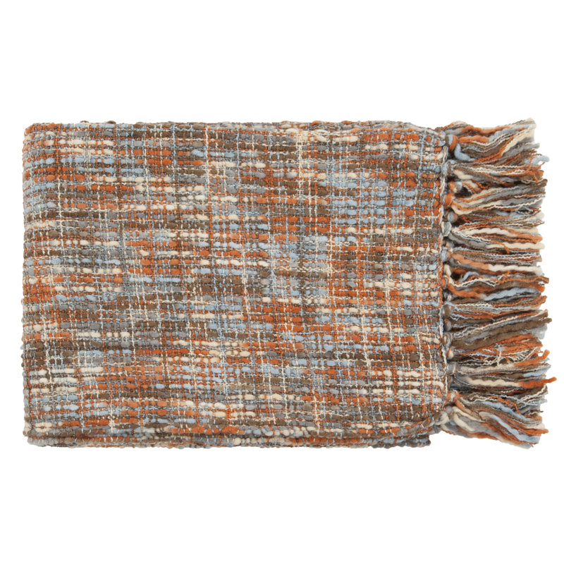Ameeran Hand Woven Throw Blanket, Rust, Ivory, Light Blue, Mushroom, Gray