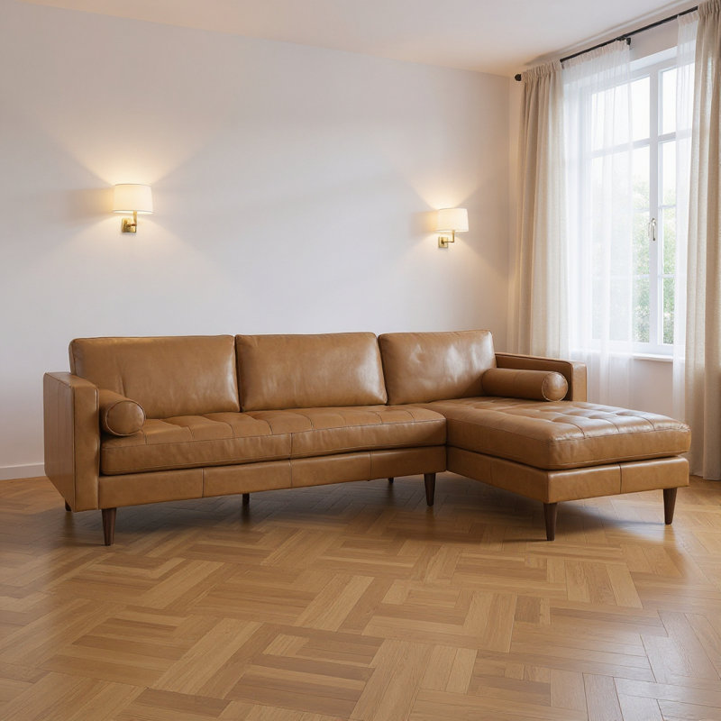 Canapé modulaire en L en cuir véritable brun clair avec méridienne et coussins décoratifs