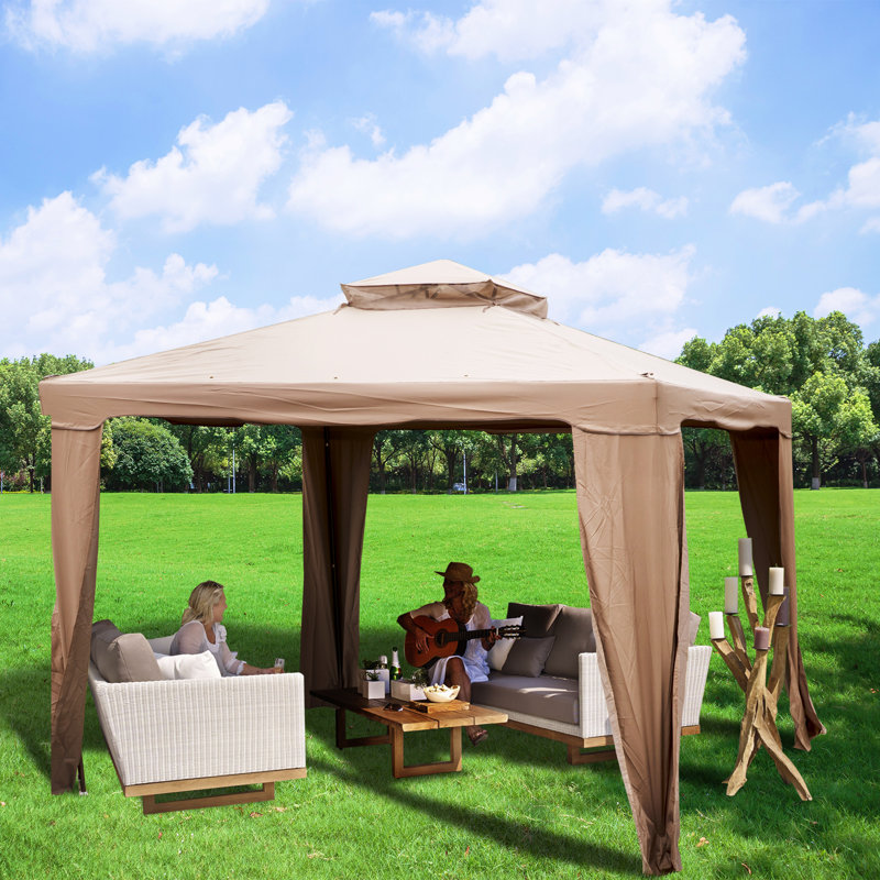 10 x 10 ft Beige Steel Frame Patio Gazebo with Netting