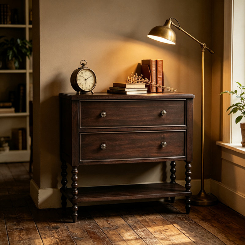 Commode d'appoint traditionnelle à 2 tiroirs avec tablette ouverte, Brown