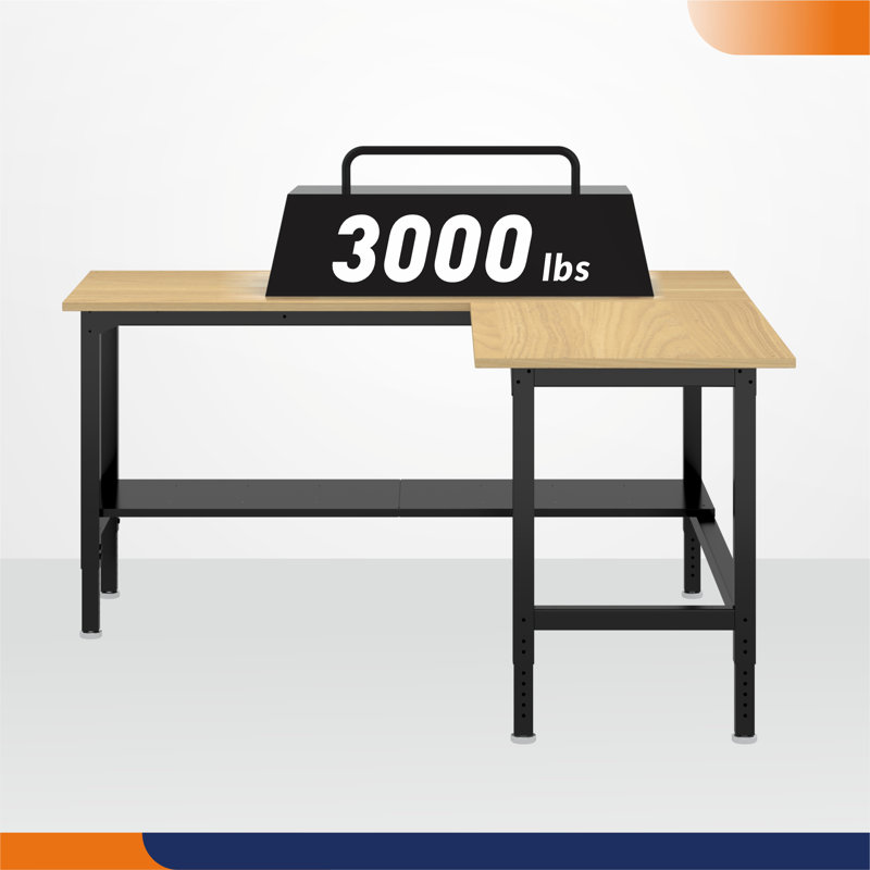 72" L-shaped Heavy Duty Workbench with Solid Wood Top