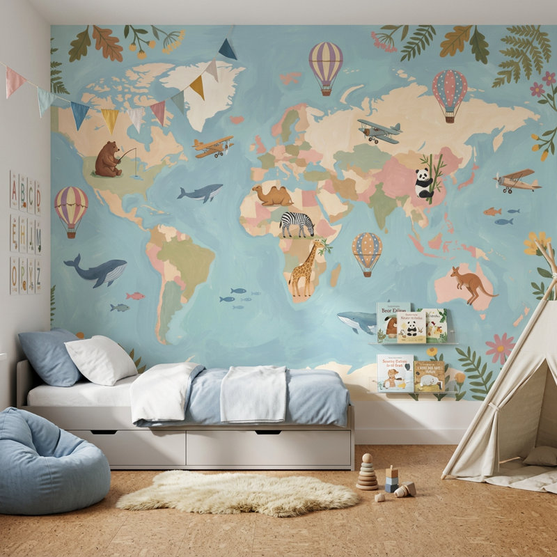 Papier peint carte du monde, carte du monde des enfants, carte du monde amovible, décoration murale, Texturé non collé