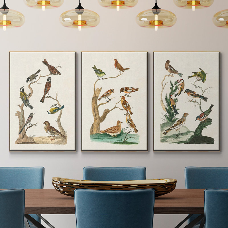"Antique Birds In Nature I", reproduction sur toile 3 pièces, H 24 po x l 48 po x P 2 po, Naturel