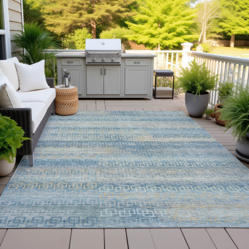 Tapis bleu sarcelle lavable à la machine intérieur / extérieur Xhevrie, Rectangle 10 pi x 14 pi