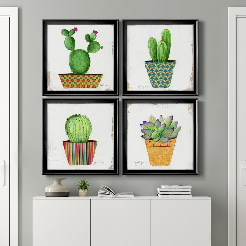 Boho Cacti I - ensemble de 4 peintures sur toile encadrées, H 26,5 po x l 106 po x P 1,5 po, Noir