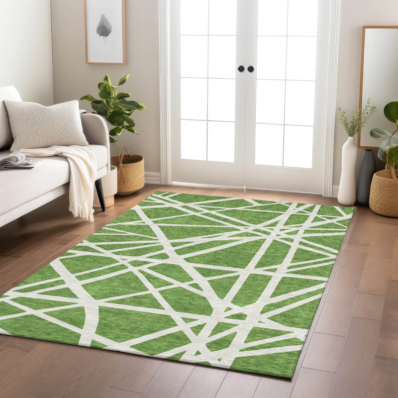 Green and White Geometric Washable Synthetic Rug