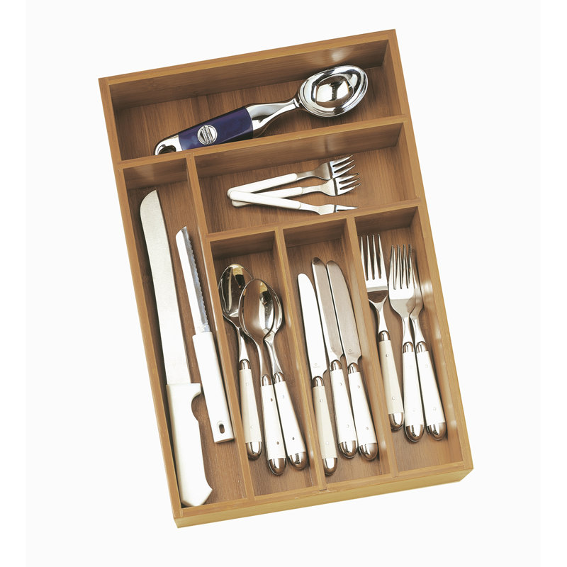 Eco-Friendly Bamboo Wood Deep Flatware Organizer with 6 Compartments