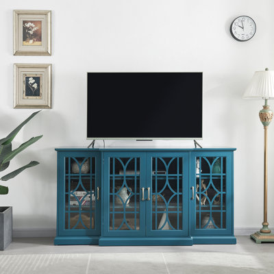 Armoire-buffet de 63 po en bleu sarcelle - 4 portes avec 6 tablettes réglables, meuble télé gracieux avec rangement pour grand meuble télé, portes, moderne