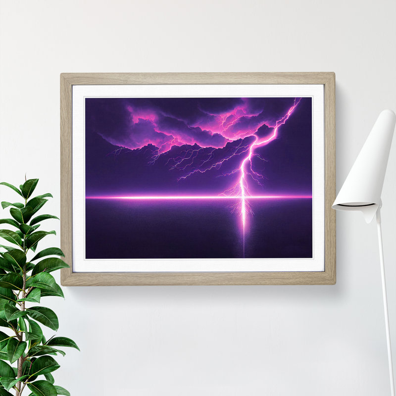 Futuristic Lightning Bolt - Single Picture Frame Print, 46cm H x 64cm W x 2cm D, Oak