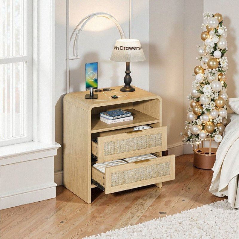 Table de chevet à 2 tiroirs de 22,8 pouces de large avec tablette ouverte intégrée pour station de charge USB et capacité de poids de 100 lb