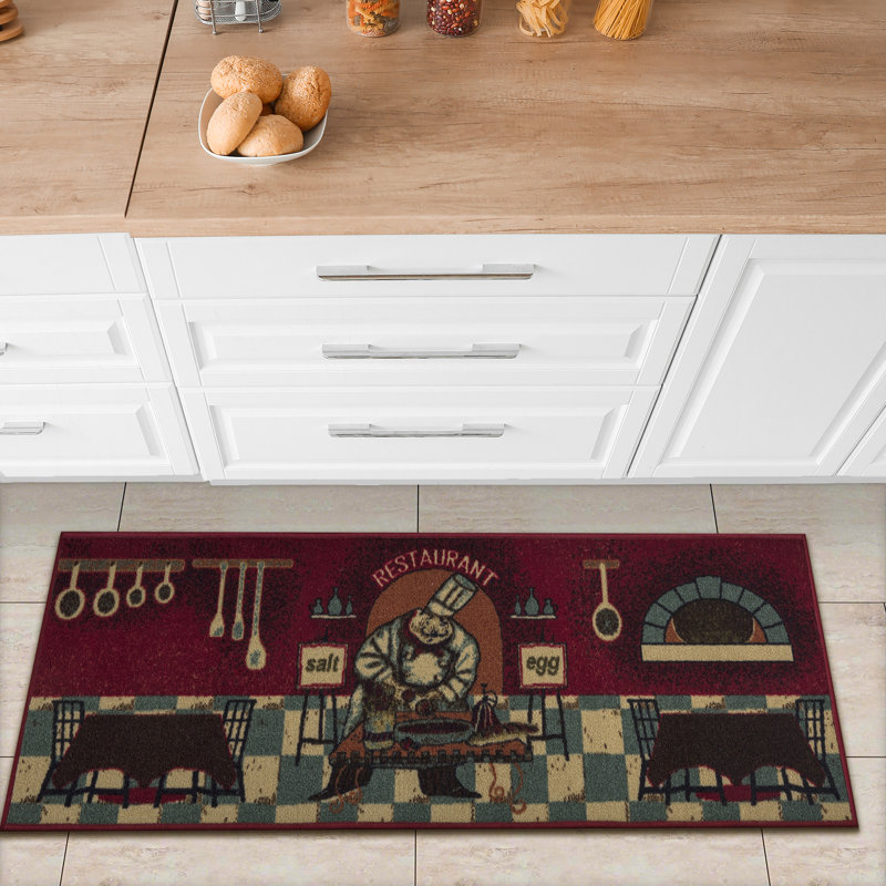 Red Chef Design Non-Slip Kitchen Runner Rug, 20" x 59"