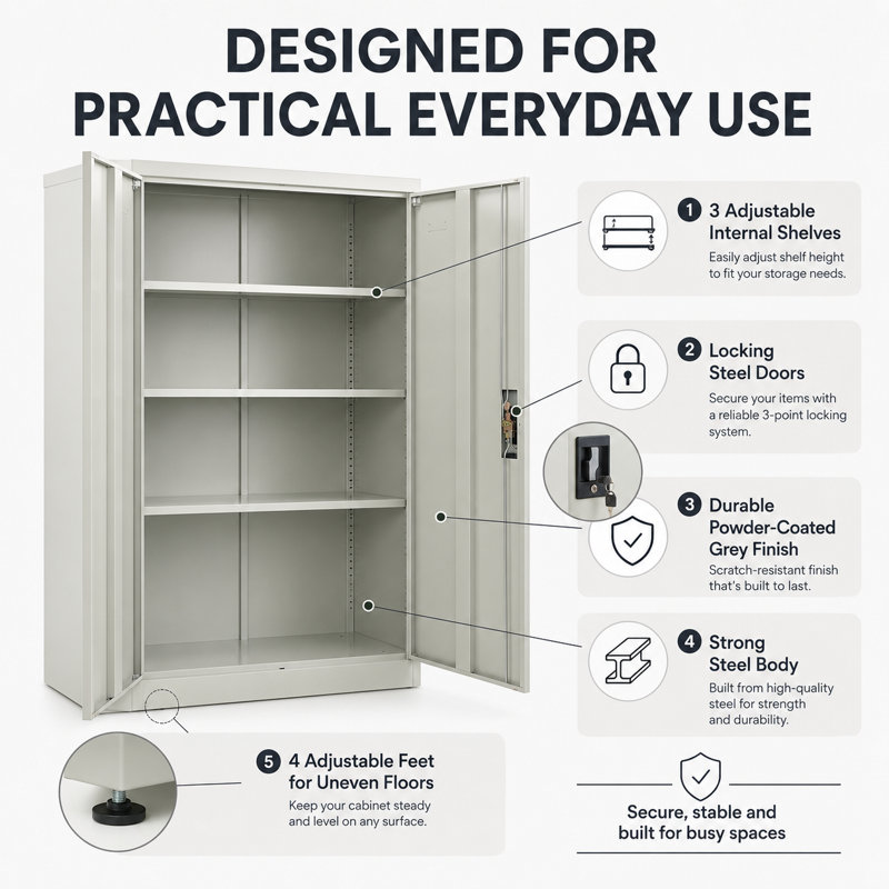 2 -Door 3 -Shelf Storage Cabinet, Grey - 75cm(w) x 38cm(d) x 140cm(h)