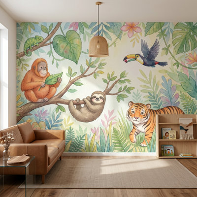 Papier peint jungle tropicale, animaux mignons, aquarelle