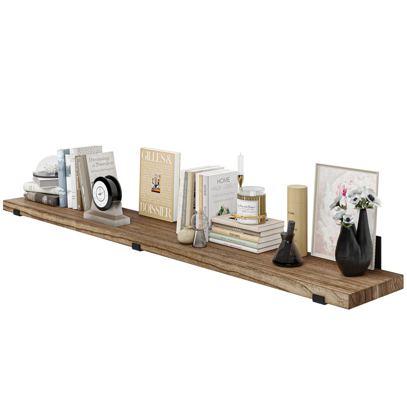 72Inch Long Floating Wood Wall Shelf With Heavy Duty Brackets, 1.5'' Thickness, Burnt