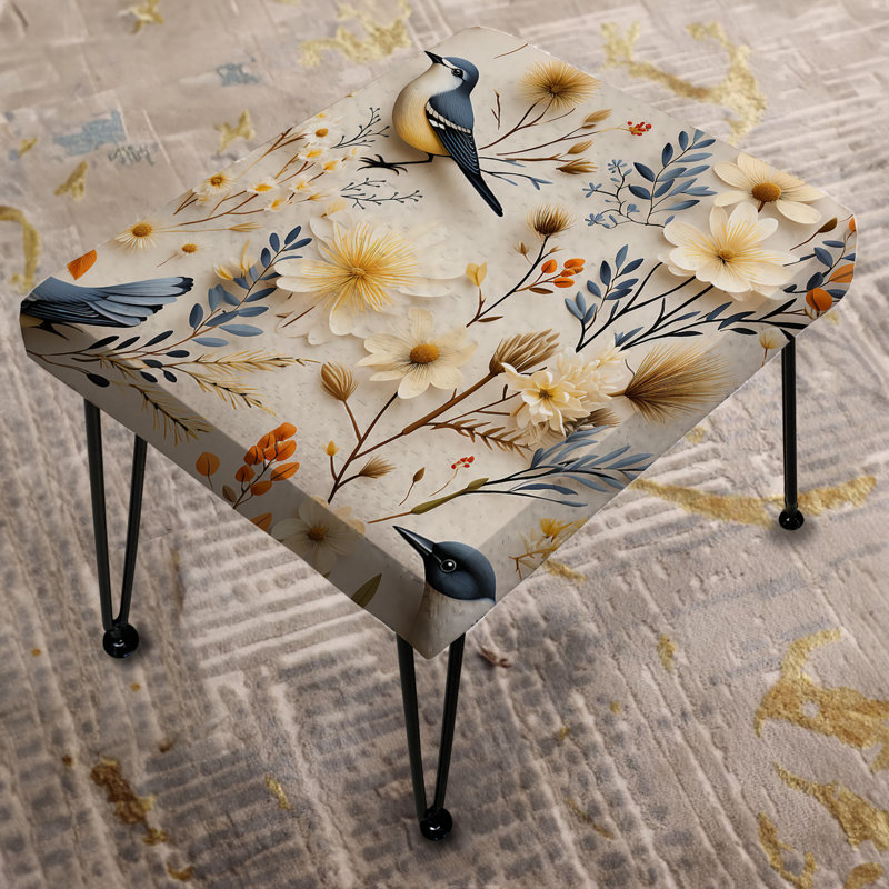 Blue And Yellow Scandinavian Floral Bird Elegance - Floral Rectangle Ottoman