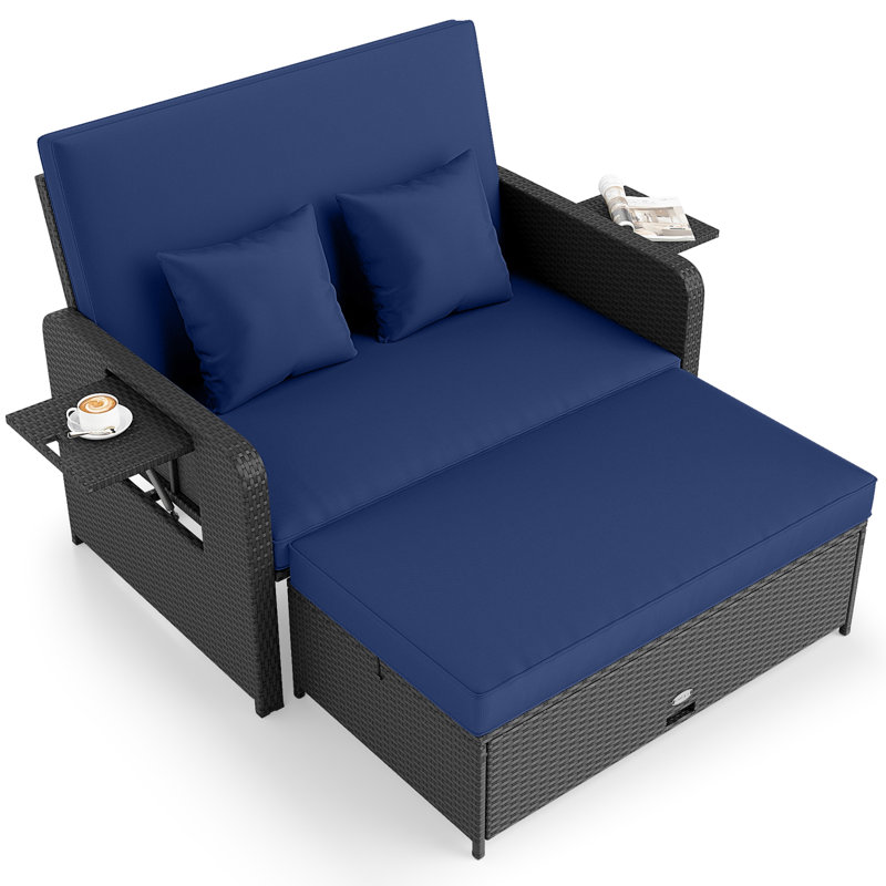 Lit de jour d'extérieur en osier PE avec dossier réglable et repose-pieds, bleu marine, Marine