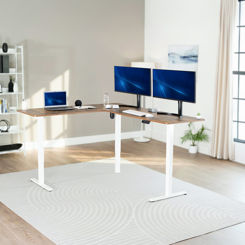 Bureau debout d'angle électrique VIVO, 75 po x 63 po, Brun rétro / blanc