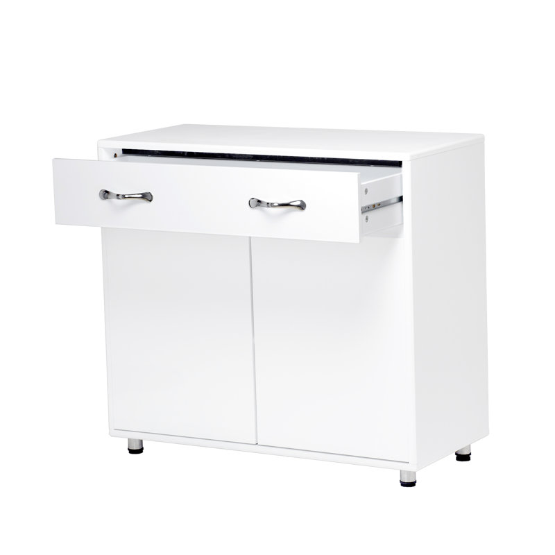 White Two Door Side Table: Functional Cabinet For Living, Entryway, Kitchen, Bedroom. Quality Painting & E1 Material. Simple Design With Fluent Lines. Assembly Required. Safe Legs Rubber Pad. Soft