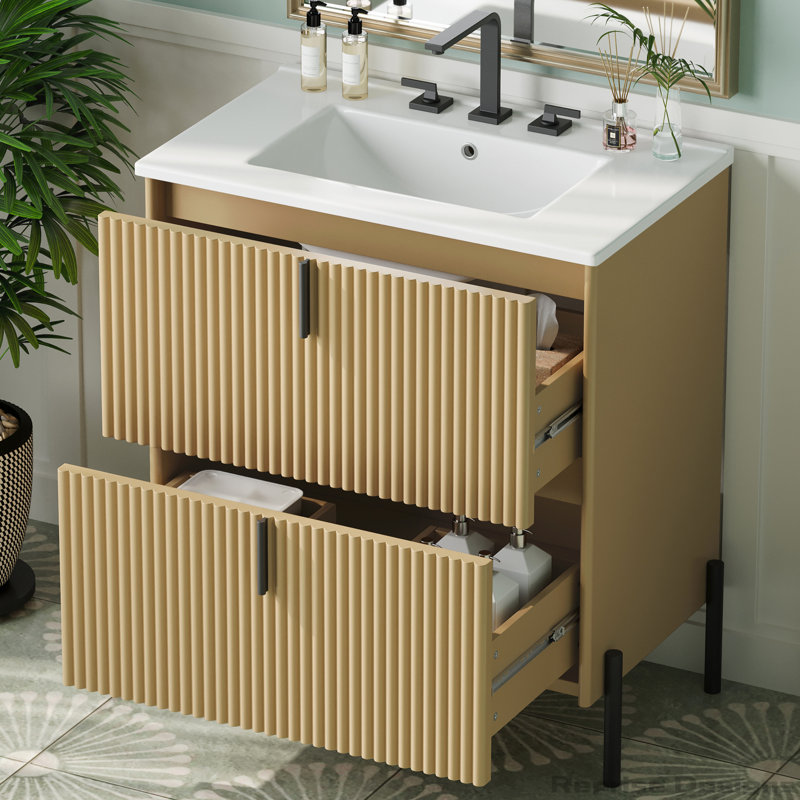 Meuble-lavabo 30 po avec lavabo en céramique et glissières de tiroir à fermeture en douceur, Naturel