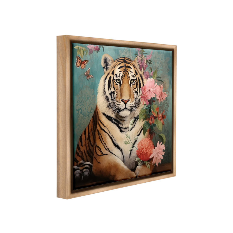 «Vintage Tiger & Bouquet Floater Frame» par Lazar Studio sur toile, Cadre flottant orme Montalcino, H 18 po x l 18 po