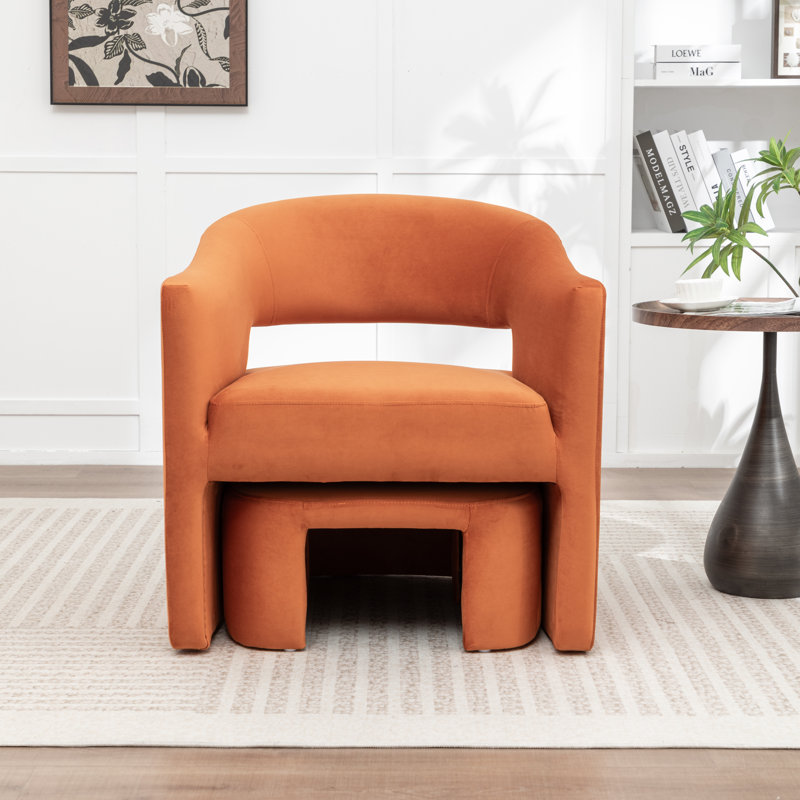 Kyah Upholstered Barrel Chair With Ottoman, Orange