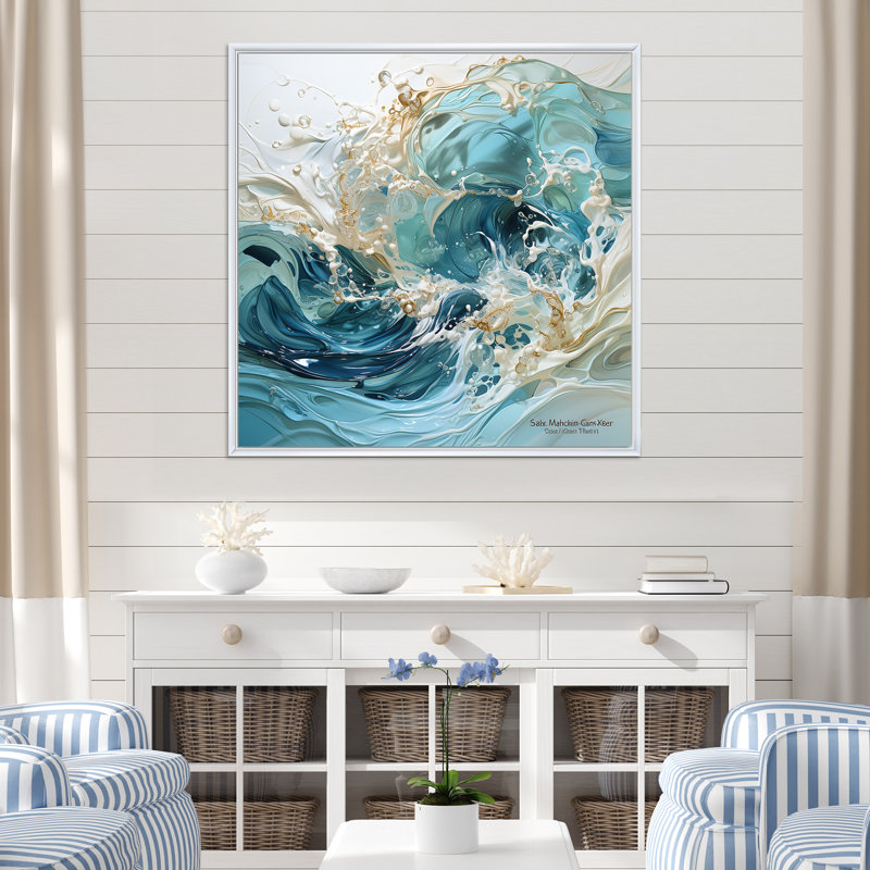 «Ocean Charm», art de vague liquide, H 24 po x l 24 po x P 1 po, Cadre flottant blanc