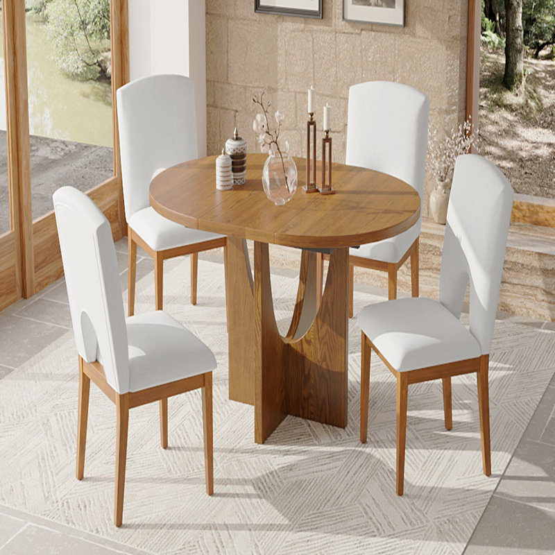 Modern 5-Piece Extendable Round Dining Table Set With 16.2Inch Removable Leaf
