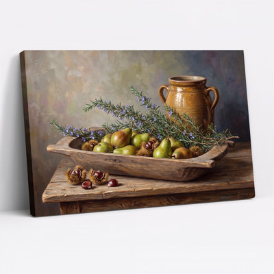 Poires vertes et châtaignes dans une auge en bois - Tableau sur toile