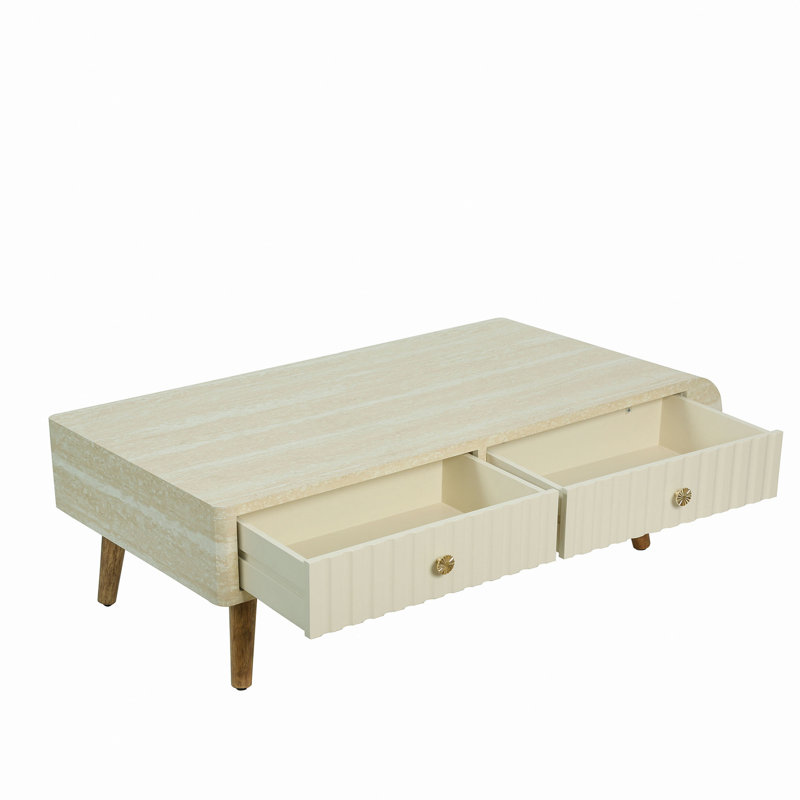 Table basse avec plateau en faux marbre plaqué, table basse moderne Mid-Century avec tiroir cannelé et pieds en bois massif, table basse pour le salon, la salle à manger, le bureau