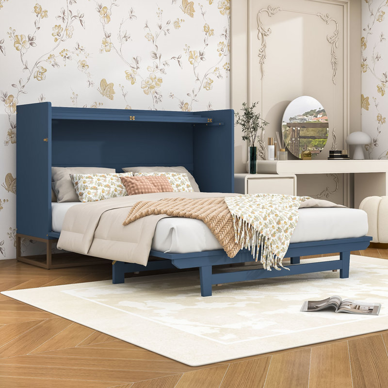Grand lit escamotable en bois avec lattes, Bleu