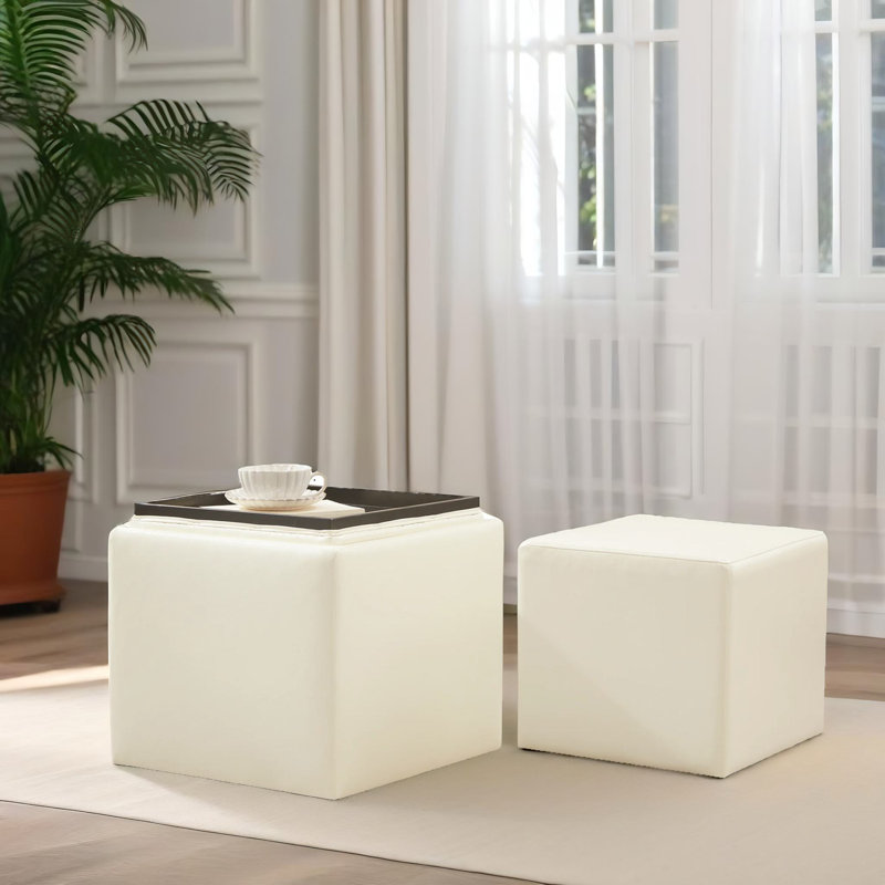 Ensemble de repose-pieds avec rangement en similicuir, Similicuir crème