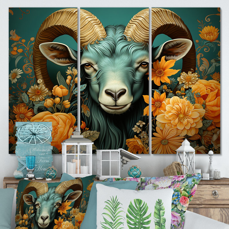Bleu et orange, chèvre moderne, art mural, H 28 po x l 36 po