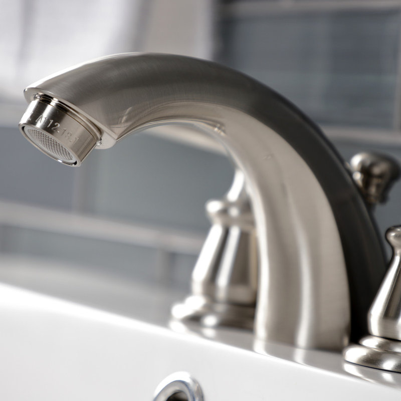 Kingston Brass Restoration Two-Handle 3-Hole Deck Mount Mini-Widespread Bathroom Faucet with Plastic Pop-Up, Brushed Nickel