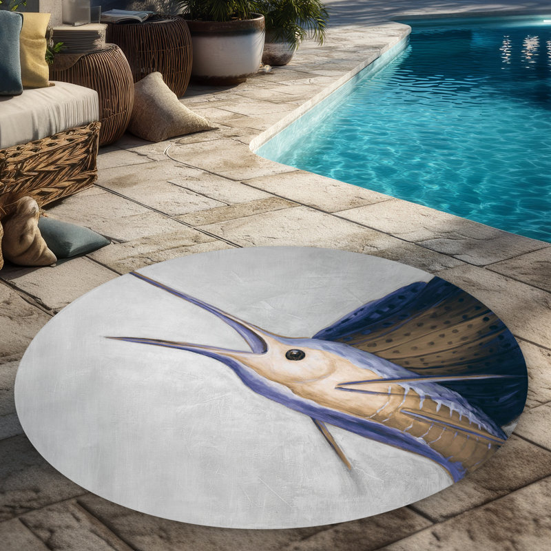 Sword Fish Rug Begin Edition International Inc. Gold swordfish Wildlife Gray round ...