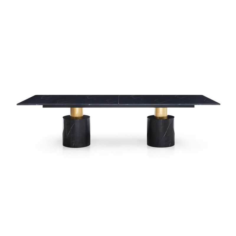 180" Black and Gold Marble and Steel Double Pedestal Base Dining Table